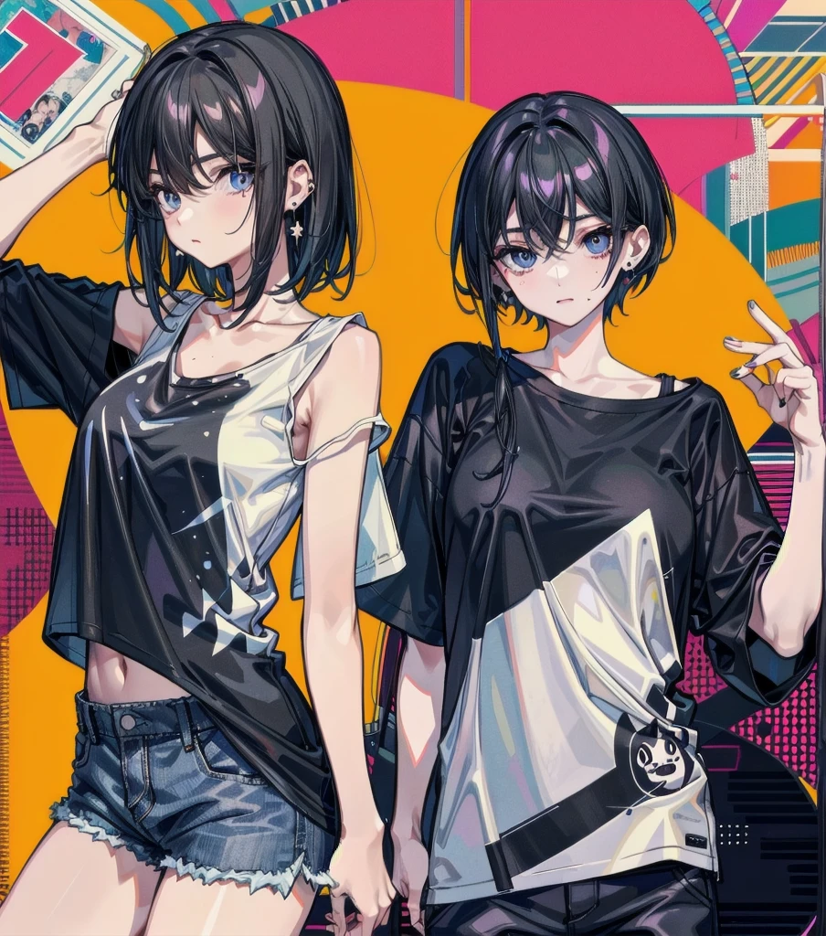 whole body, solo, alone, delicate facial features, medium tits, medium hair, black hair, tearful mole, earring, t-shirt, tank top, Hot Pants,