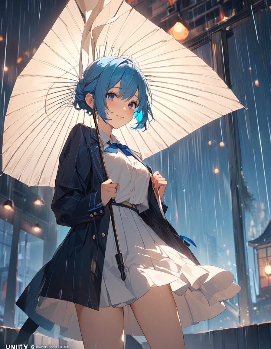 8K, Highest quality, masterpiece, Wallpapers by Unity 8K, Use an umbrella少女、rain模様、(Highest qualityのイラスト:1.2), (pretty girl:1.1), (1 girl、17 years old、Highest qualityのイラスト:1.2), (1 girl、smile、Beautiful breasts、Very detailedな目:1.2)、Bright blue hair、Short Bob Hair、(Highest quality、Very detailed、Very detailed and beautiful、Ultra-high resolution)form,{Dark Blue Blazer、White shirt、Blue Ribbon、White pleated skirt}
、throw、Soft focus ground bokeh、rain、Use an umbrella、smile
