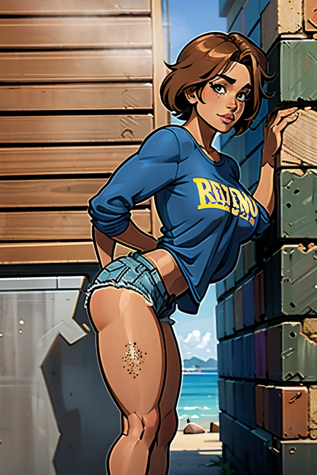 A short, tanned skin, well built woman. Short, brown, shaggy hair. Pretty, freckled face. Full lips, beautiful brown eyes. Wearing casual but slutty clothes. Character design sheet, full body shot, bending over a wall. Slightly NSFW.