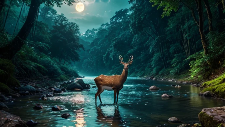 a beautiful deer standing next to a crystal-clear river, full moon reflected in the river, dense forest with lush vegetation, photorealistic, high quality, 8k, hyperrealist, vibrant colors, cinematic lighting, dramatic composition, intricate details, forest fantasy, magical, serene, peaceful, natural