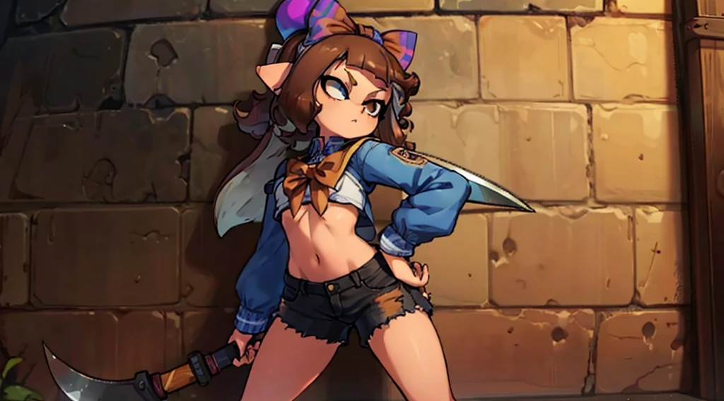 (inkling, busty, leaning against wall, )masterpiece, brown hair, cool outfit, denim, cool girl, small shorts, ((big curls, bow on head, holding axe, medium breasts))