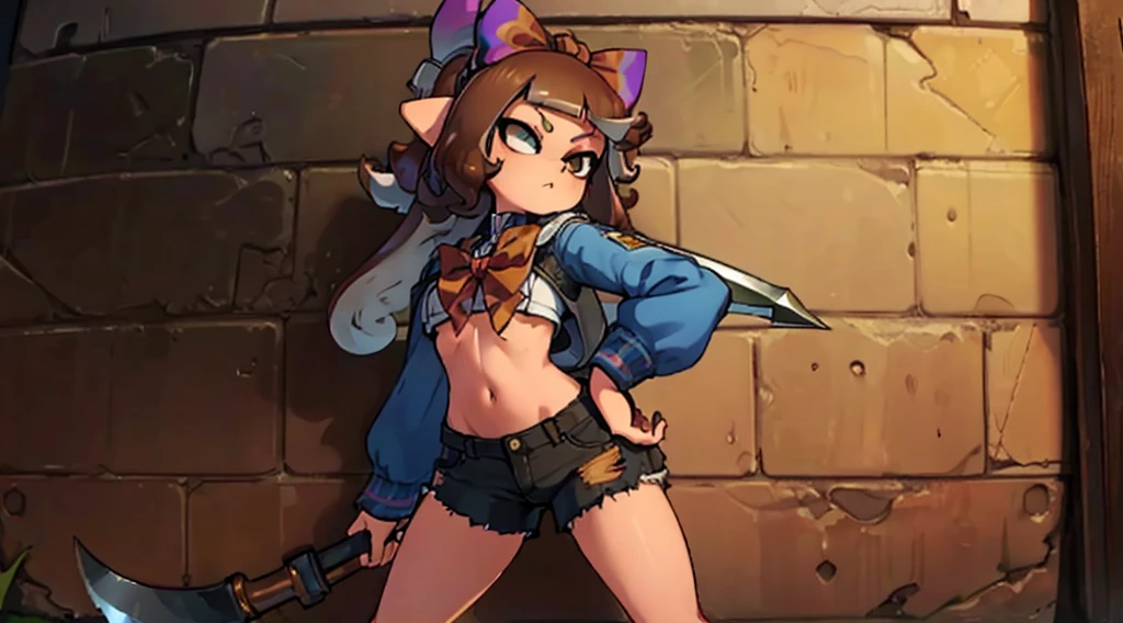 (inkling, busty, leaning against wall, )masterpiece, brown hair, cool outfit, denim, cool girl, small shorts, ((big curls, bow on head, holding axe, medium breasts))