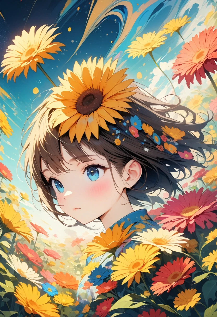 (Best picture quality, 4K, High Definition, Masterpiece level: 1.2), Extra Fine, Watase Seizo style, Simple line initials,Abstract art,Galactic Universe Background, Yellow flowers, Gerbera, Flower garden, Girl, Blue sky, Cinematic.
