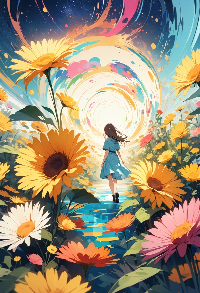 (Best picture quality, 4K, High Definition, Masterpiece level: 1.2), Extra Fine, Watase Seizo style, Simple line initials，Abstract art，Galactic Universe Background, Yellow flowers, Gerbera, Flower garden, Girl, Blue sky, Cinematic.