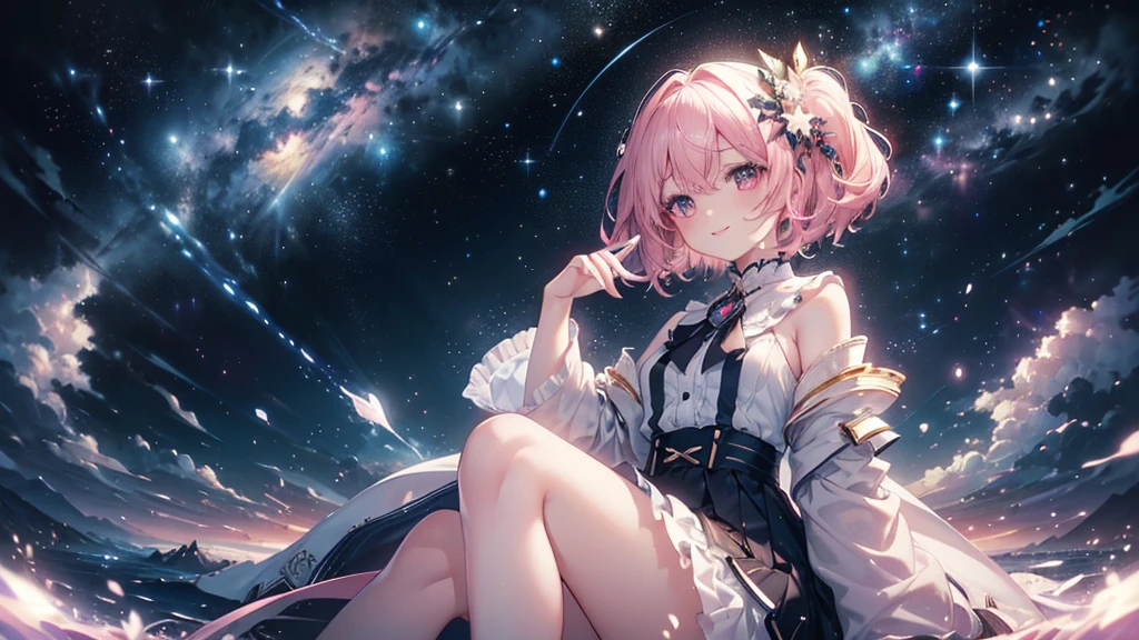 Mofumofu、oxytocin、longshot、(looking-down)、Wide-angle camera、High Position、 Soft lighting, High quality, Shortcut Hair,Purple eyes、Brown hair、Cute girl in pink room、(Whole body-V、4-S750)、soft breasts、Ashamed、red blush、Tsundere、