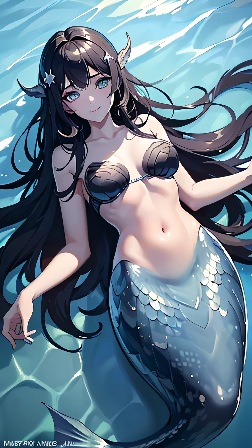 ((Best quality, 8k, Masterpiece: 1.3)), Slim abdomen, black hair, hair behind ear, long hair, wet hair, star hair ornament, upturned eyes, light smile, ((mermaid)), ((Diving in the ocean)), swimming in the sea, beautiful face, best quality, shiny skin, detailed skin, ((detailed face, detailed eyes)), from above, multiple views