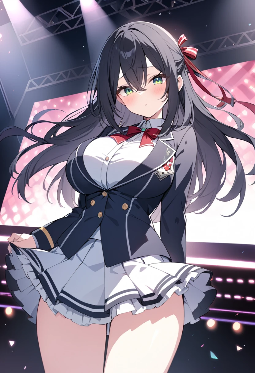 green eyes, long hair, black hair,,, large breasts, live stage, solo,　Blazer uniform