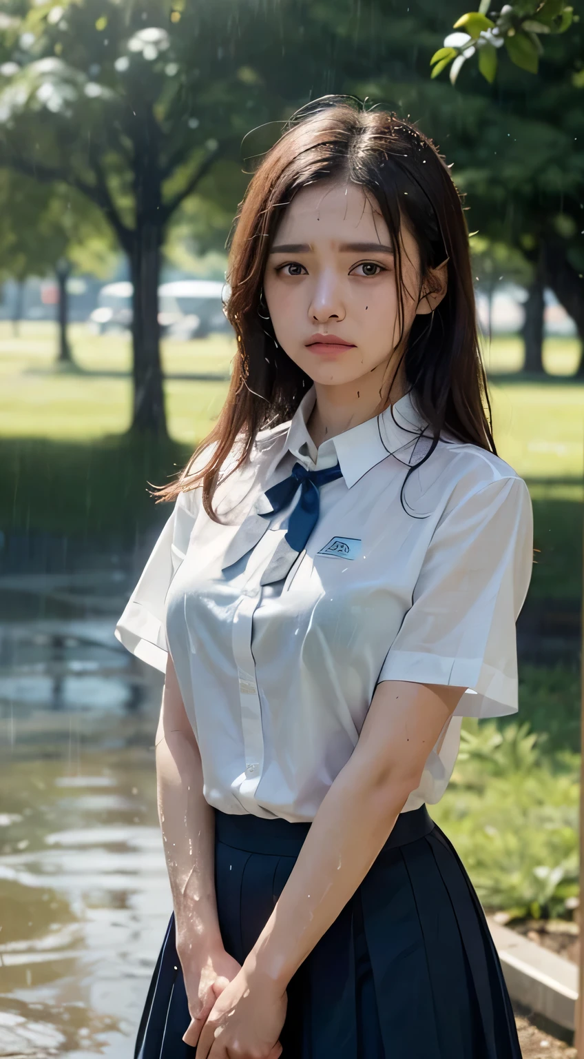 Highly detailed CG Unity 8K wallpaper、highest quality、super detailed、masterpiece、realistic、Photoreal、((Park where it is raining:1.4))、Highly detailed cute girl、、(High school girl in Japan uniform)、((Shooting from the front:1.4))、((Dark blue student bow tie:1.4))、((sitting on a wet bench in the park:1.4))、blush、split lips、looking at the viewer、semi body shot、(A room in a love hotel)、(Japan High and designated shoes)、(navy blue short pleated skirt:1.5)、(Short-sleeved white shirt for students)、 (dark blue bow tie:1.2)、(Light brown long hair)、(beautiful face:1.3)、(perfect proportions:1.2 、(big breasts:1.3)、((white panties:1.4))、((Blouse wet in the rain、The brush is see-through))、(Bra is transparent)、(((wet hair、wet skin)))、((Upper body))、((look of confusion:1.4)) , big breasts