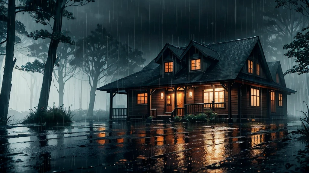 there is a house in wood in the rain with a lot of rain on it, trees, gloomy weather. hyperrealistic, rainy scene, at evening during rain, rainy day. game render, rainy evening, rainy night, raining at night, cryengine render 8 k, rain falling, unreal 6 breathtaking detailed, unreal engine realistic render, rain aesthetic, ultra realistic picture, rainy and gloomy atmosphere