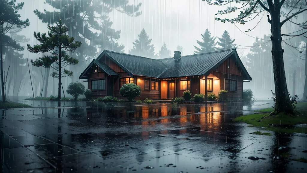 there is a house in wood in the rain with a lot of rain on it, trees, gloomy weather. hyperrealistic, rainy scene, at evening during rain, rainy day. game render, rainy evening, rainy night, raining at night, cryengine render 8 k, rain falling, unreal 6 breathtaking detailed, unreal engine realistic render, rain aesthetic, ultra realistic picture, rainy and gloomy atmosphere