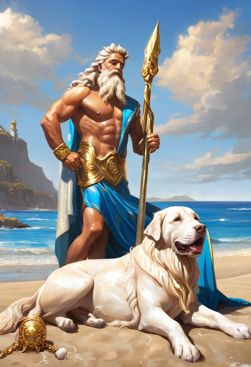 Zeus sunbathing on the beach with Poseidon