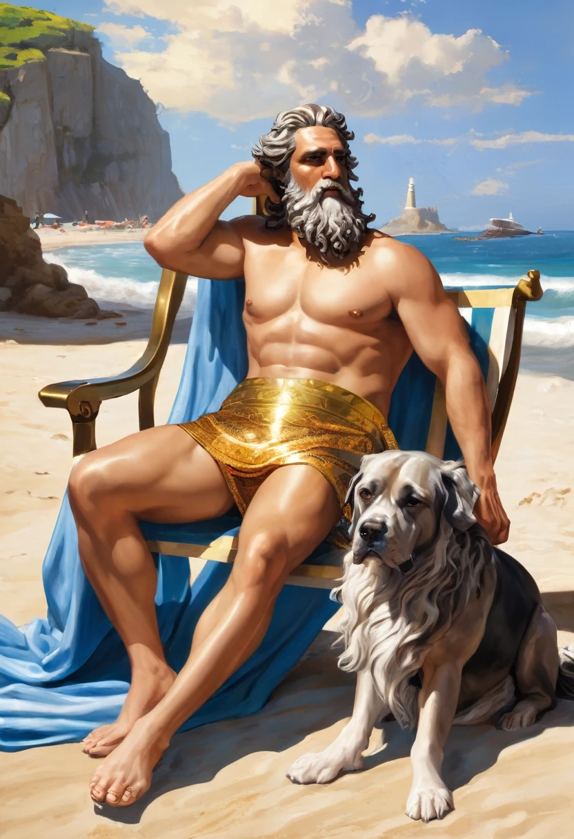 Zeus sunbathing on the beach with Poseidon