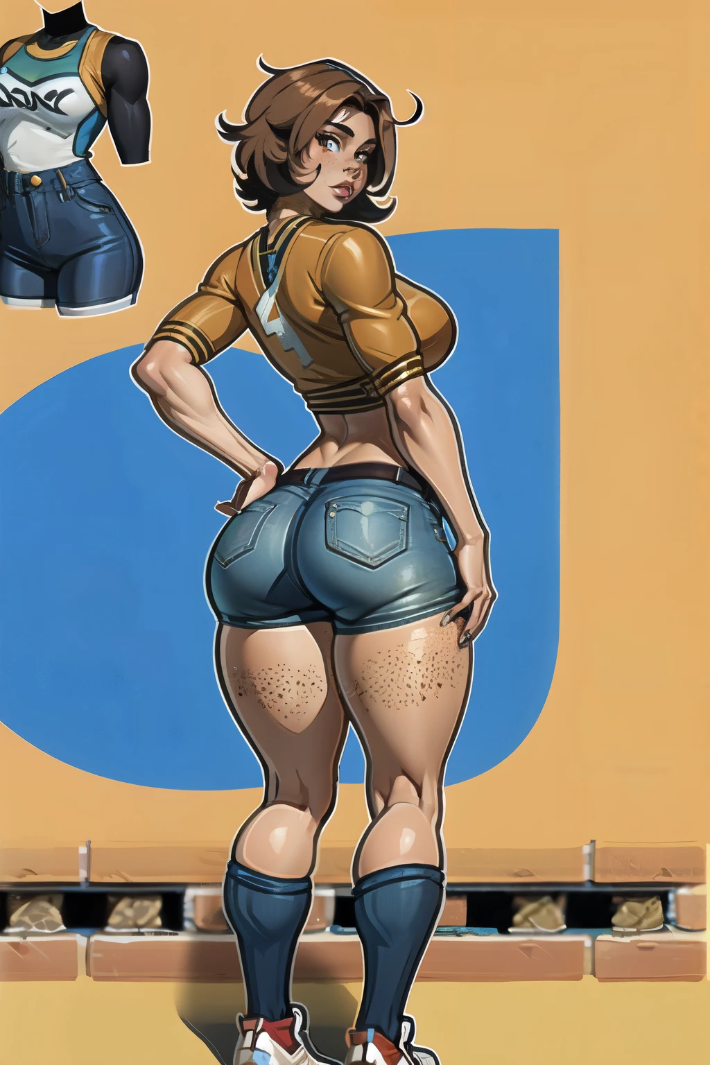 A short, tanned skin, well built woman. Short, brown, shaggy hair. Pretty, freckled face. Full lips, beautiful brown eyes. Wearing casual but slutty clothes. Character design sheet, full body shot, bending over the wall and showing some ass, wearing tight shorts.