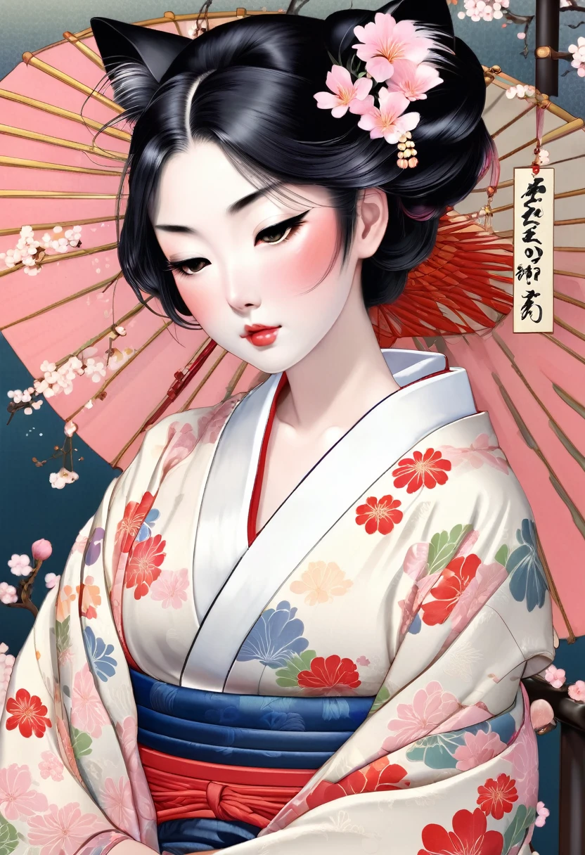 (utamaro style:1.2) , Hallucination, daydream , nightmare , Insane Dream , bokeh , erotica , romance , realistic mouse girl and realistic cat , kimono , futon , Petals fluttering down , Single eyelids, round nose, swollen cheeks