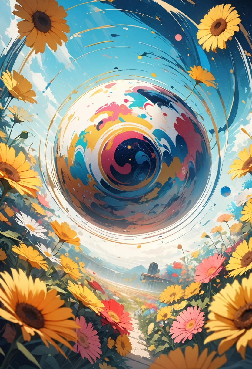 (Best picture quality, 4K, High Definition, Masterpiece level: 1.2), Extra Fine, Watase Seizo style, Simple line initials,Abstract art,Galactic Universe Background, Yellow flowers, Gerbera, Flower garden,Blue sky, Cinematic.