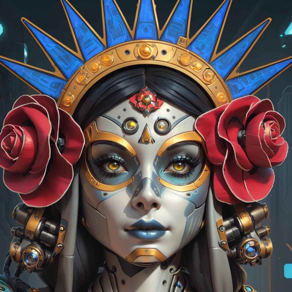 a close up of a woman with a skull makeup and roses, close-up portrait goddess skull, aztec princess portrait, queen of the dead, dia de los muertos. 8 k, portrait of a cyborg queen, 4k highly detailed digital art, detailed painting 4 k, dia de los muertos, cyberpunk cyborg. roses, dia de muertos