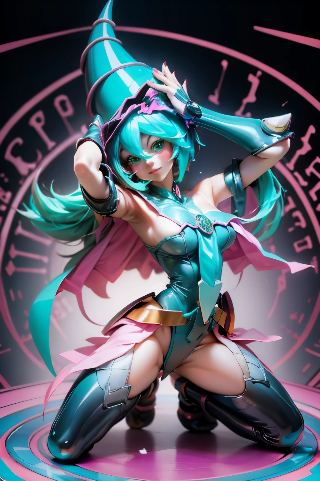 Hatsune Miku disguised as dark magician gils. Pose sexy y sensual. big boobs. dark magician gils costume 