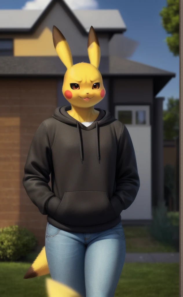 Pikachu, (((masterpiece))), ((high resolution)), ((detailed portrait)), ((looking at viewer)), long yellow pointed ears, (yellow pikachu ears with black tips), brown clear eyes, yellow body, female body, yellow thunderbolt-shaped tail with black heart-shaped tip, large , blue sweatshirt, denim skintight jeans, hands in pockets, smug grin (mouth closed), half closed eyes (short eyelashes), :3, black triangle nose, ((simple detailed background, outside daytime (urban, in front on house)))