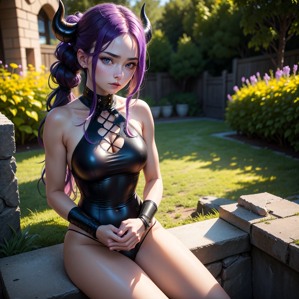 (8k, Raw photo, best quality, masterpiece), ultra high resolution, (realistic, photorealistic), 1 girl, 18 years old, emotionless, only, long purple hair tied up, Blue eyes, black horns, Waifu. Big
Professional lighting, Detailed lighting, backlighting, depth of field, Natural lighting, intense focus, two meters shooting distance, professional photoshoot, Detailed eyes, realistic eyes, detailed shadow, cg game, Cosplay,
Sexy swimsuit, sitting in a garden