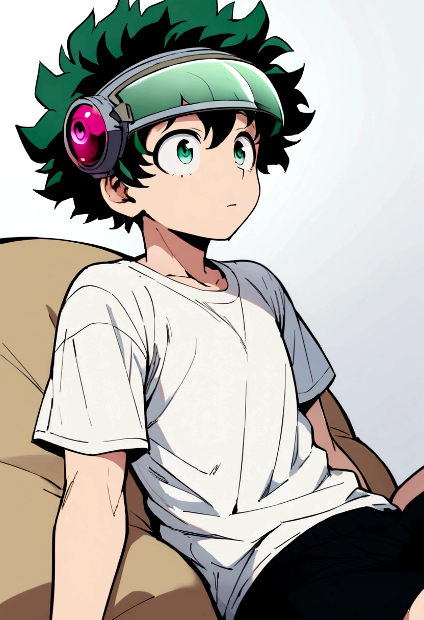 (masterpiece, best quality:1.2), solo, male focus, 1boy, midoriya izuku, short green hair, green eyes, white t-shirt, black shorts, green domed helmet with transparent visor over eyes, mind control device, blank expression, mindless, vacant stare, mouth hanging open, sitting in bean bag, sitting upright, arms hanging limply at sides, anime style, my hero academia style, view from side angle