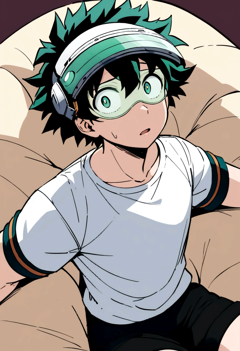 (masterpiece, best quality:1.2), solo, male focus, 1boy, midoriya izuku, short green hair, green eyes, white t-shirt, black shorts, green domed helmet with transparent visor over eyes, mind control device, blank expression, mindless, vacant stare, mouth hanging open, sitting in bean bag, sitting upright, arms hanging limply at sides, anime style, my hero academia style, view from side angle