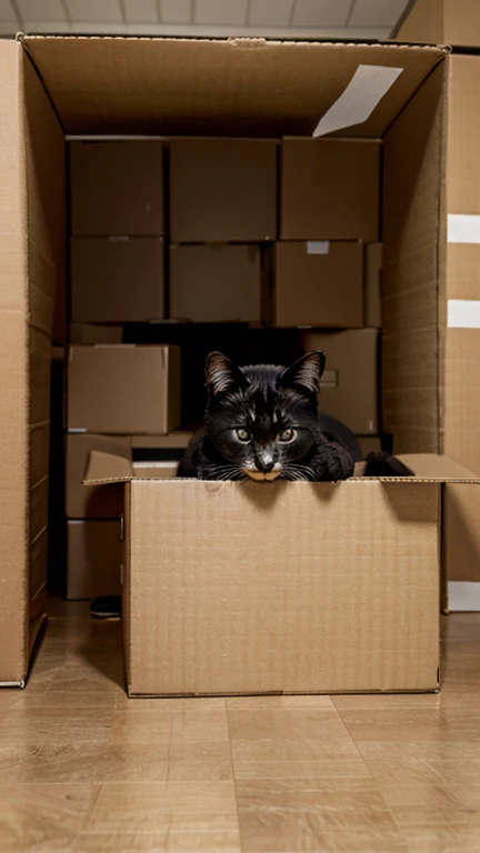 Cat hidden in cardboard box