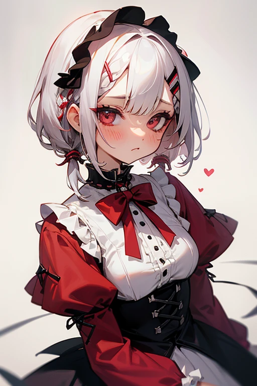 Short white hair, blush, Gothic Lolita、Punk Fashion、Headbang 2.、White and red clothes、Braiding、2 hair clips、