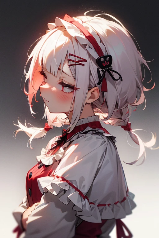 Short white hair, blush, Gothic Lolita、Punk Fashion、Headbang 2.、White and red clothes、Braiding、2 hair clips、