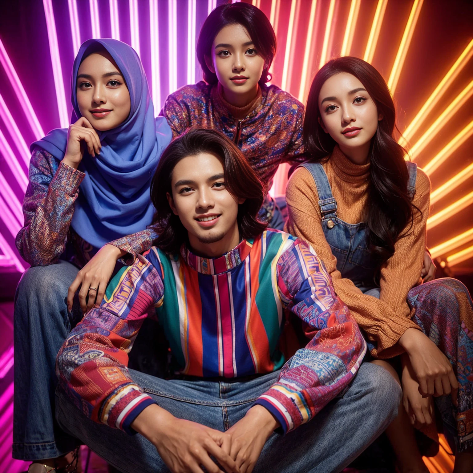 indonesian group cover, photo editor, creative design, close-up shot, must consisting of 4 people; one man with long hair, one man with short hair, one woman with a hijab, one woman with long hair, they wore matching colorful casual outfit, sitting posing confidently facing the camera, they are smile, stylish, look like a movie scene, stunning abstract neon light photo editor's room background, Taken using Sony alpha α7CR full-frame, 1536px, photorealistic, high quality,