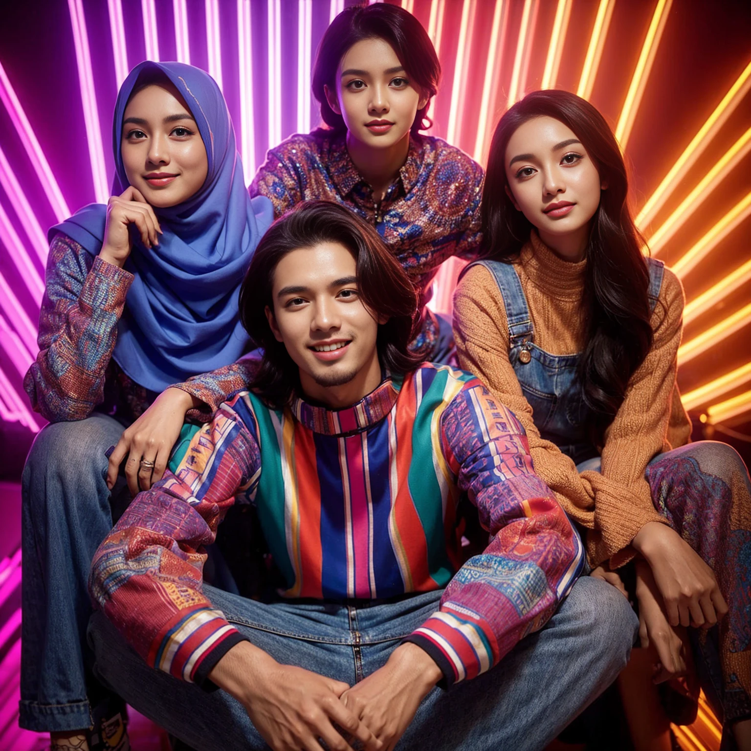 indonesian group cover, photo editor, creative design, close-up shot, must consisting of 4 people; one man with long hair, one man with short hair, one woman with a hijab, one woman with long hair, they wore matching colorful casual outfit, sitting posing confidently facing the camera, they are smile, stylish, look like a movie scene, stunning abstract neon light photo editor's room background, Taken using Sony alpha α7CR full-frame, 1536px, photorealistic, high quality,