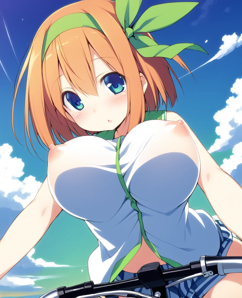 nakano yotsuba, bangs, short hair, blue eyes, hair between eyes, hair ribbon, hairband, orange hair, (green ribbon:1.5), ,, large breasts,, Riding a bike through the sky, solo , early morning、 nipple,