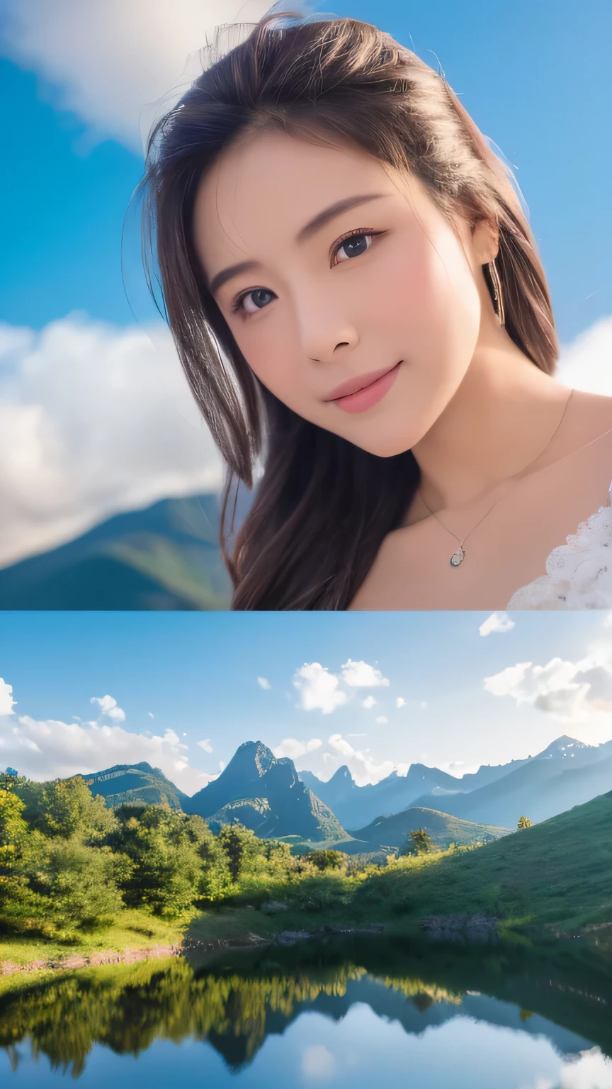 (masterpiece、high resolution、high quality)、Mountains in the sky、Elegant woman、Realistic beauty、Perfect beauty、Sky、鷲と鷹がSkyに舞う、