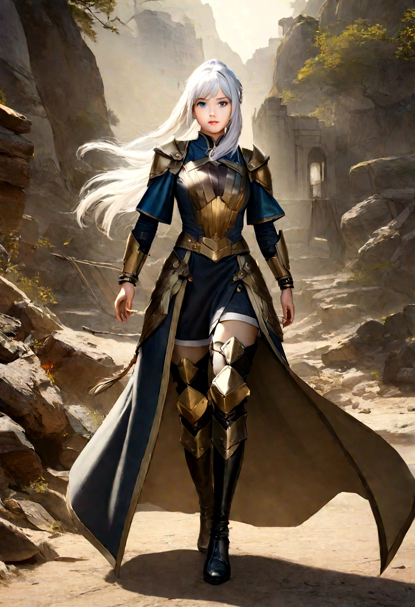 1 girl, solo, anime realistic art, full body, dynamic background, , Kagura mobile legends , long white hair, blue eyes