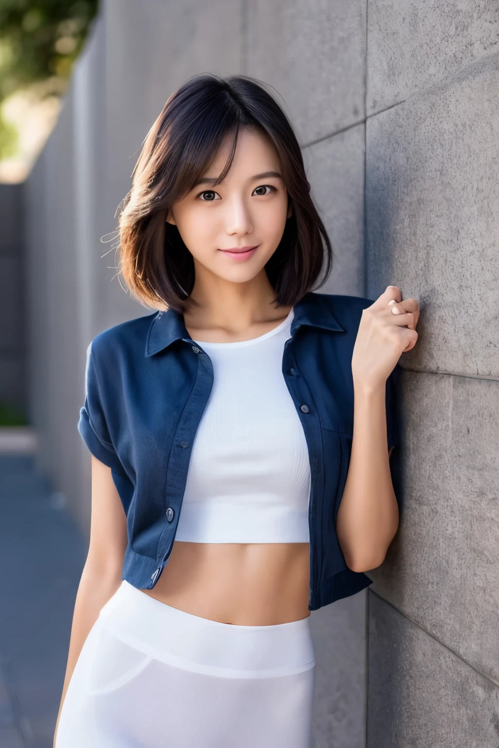 Skinny Japanese woman, age {30s|20s}, (detailed face), slight smile, (detailed eyes), {long|short} hair, slender shape, High-waisted cotton leggings, standing against a wall, Enhance quality, quality maintains, real professional photograph, award-winning portrait, masterpiece, 16K UHD, high detail full-body view