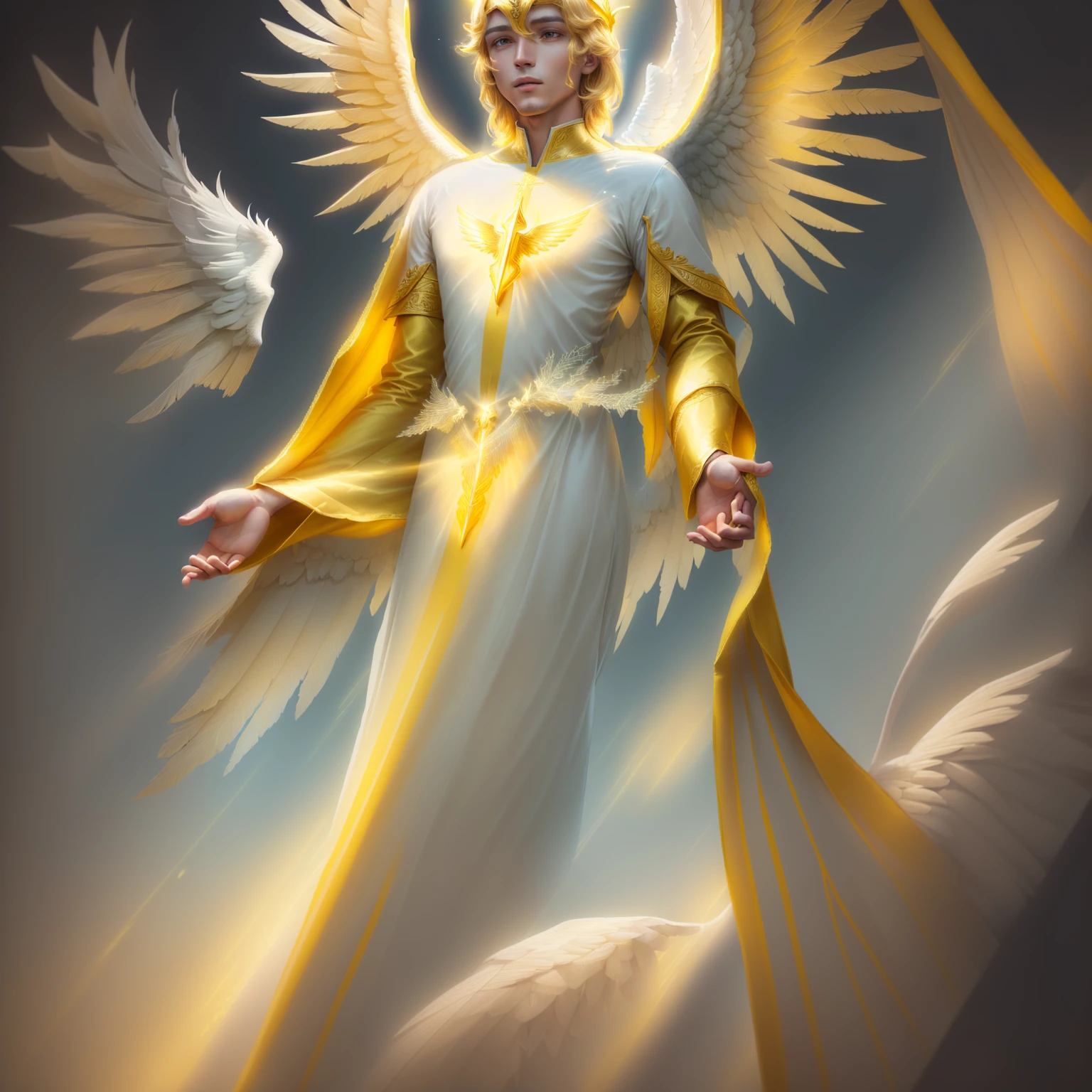 painting of a man dressed in a yellow tunic with wings, glowing angelic being, an angel of the dawn light, ethereal angelic being of light, accurate biblical angel, biblically correct angel, an angel standing still, angelic light, angelical, totalitarian socialist angel, angelic photograph, old testament angel, anjo tron, angelic, possibly an angel, one angel