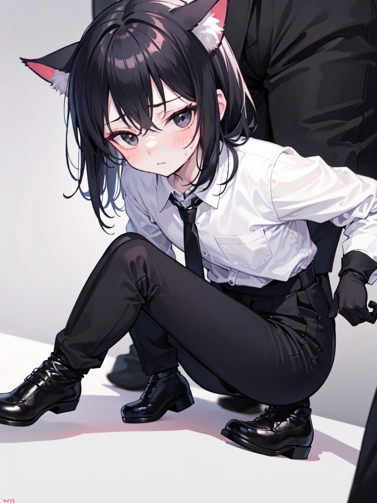 18-year-old Shota,cute,Wear a white long-sleeved shirt and a black work tie,Wear black pants,Wear black booties,Wear white gloves,wear cat ear,Black hair,Black eyes,Very thin legs,The waist is very thin,blush,sweat,Fear,Unwilling,comfortable,porn,close-up photo