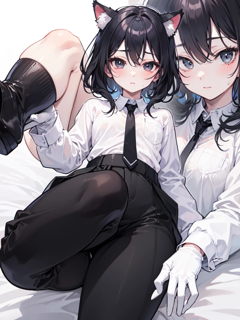 18-year-old Shota,cute,Wear a white long-sleeved shirt and a black work tie,Wear black pants,Wear black booties,Wear white gloves,wear cat ear,Black hair,Black eyes,Very thin legs,The waist is very thin,blush,sweat,Fear,Unwilling,comfortable,porn,close-up photo