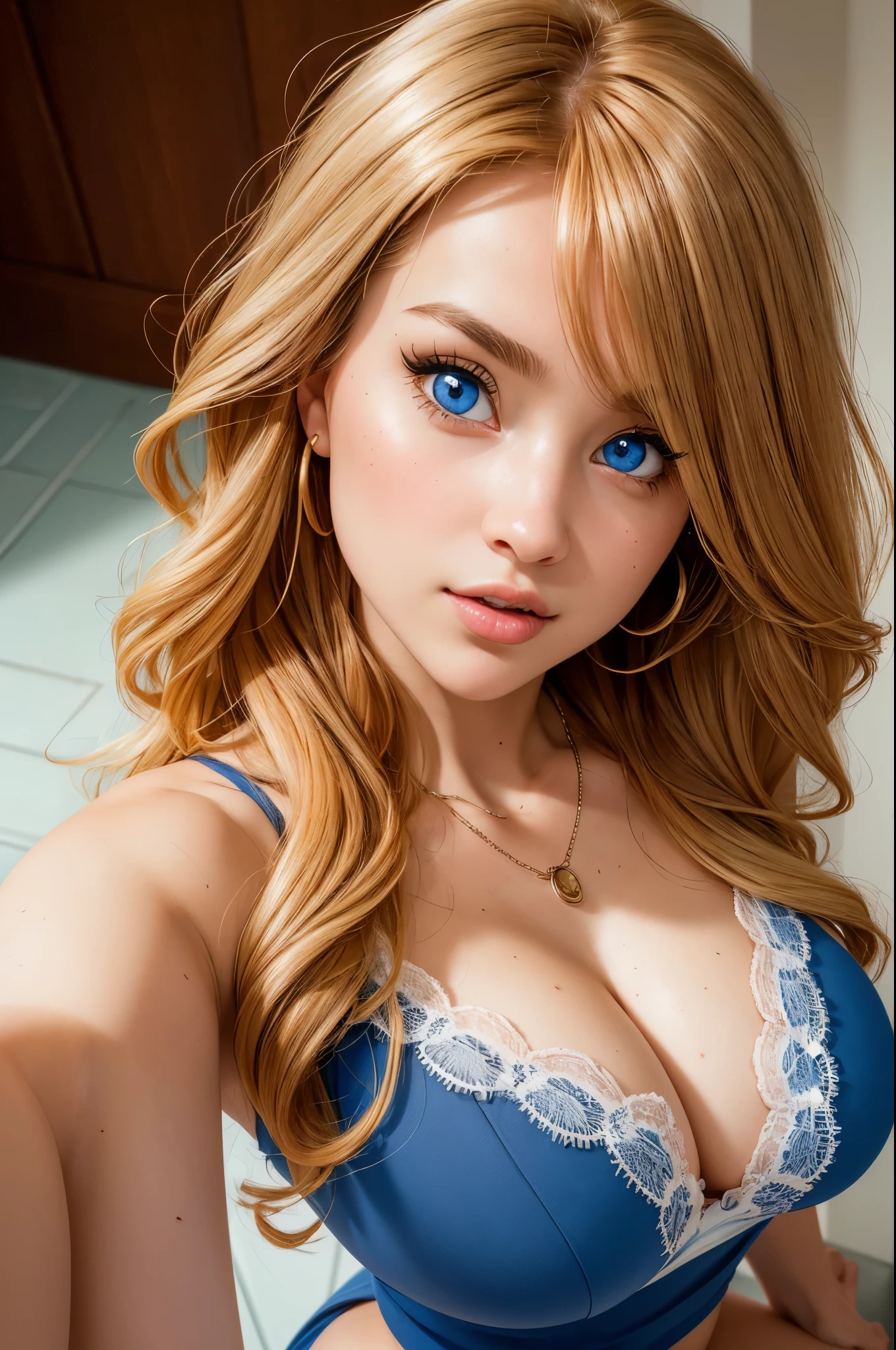 (Masterpiece, Professional lighting, 16k, 8k wallpaper, raw photo, photorealistic:1.8, ultra detailed, , slightly wide angle lens, natural lighting, detailed skin, detailed face, detailed eyes), 1 beautiful girl, selfie shot from above, full body image , long curly blond hair with bangs, necklace, blue eyes, sexy gaze inviting look