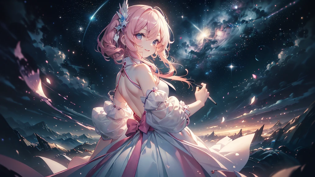 (((Highest quality、masterpiece、Ultra-fine、Ultra-fine、Exquisite、16K、Full HD,high school girl,))) 、((The best smile)), (((Back view)))) 、Dark Eyes、Long eyelashes、White skin、(Pale pink lips、Pale pink cheeks、thin and long)、 ((cute)) ((One person)) 、((Glare)) 、Wide Shot、Space galaxy background、(A magnificent composition、epic proportion)、Dynamic lighting、、