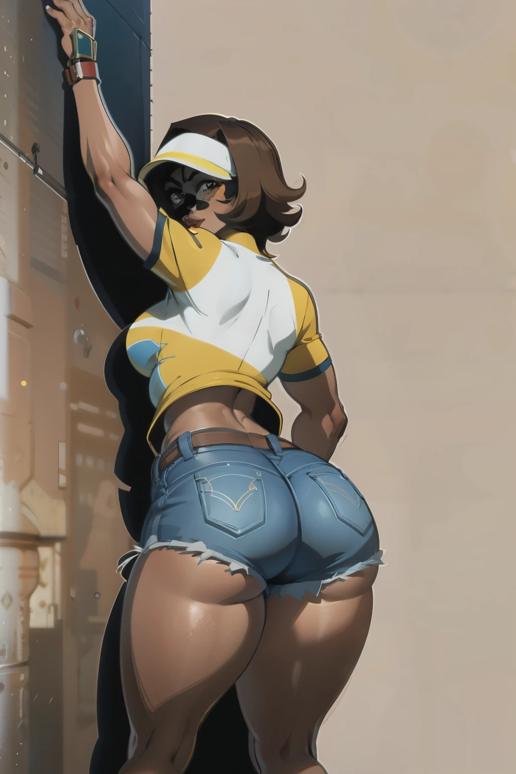 A short, tanned skin, well built woman. Short, brown, shaggy hair. Pretty, freckled face. Full lips, beautiful brown eyes. Wearing casual but slutty clothes. Character design sheet, full body shot, bending over the wall and showing some ass, wearing tight shorts. NSFW