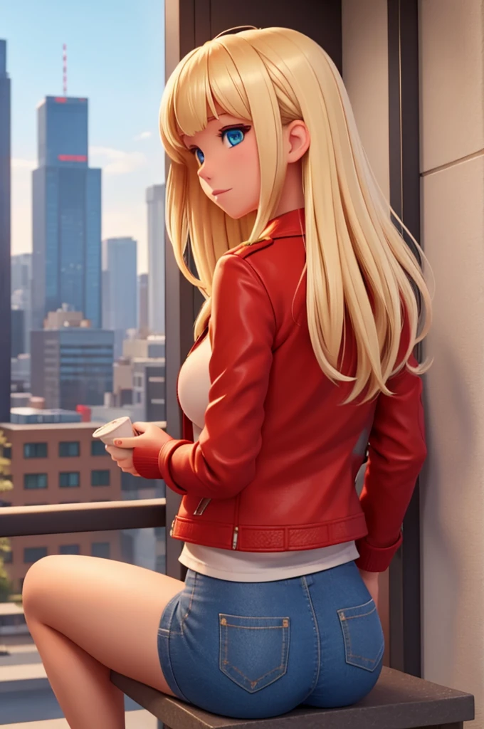 a sexy girl, with blonde hair, She is in the city, and is wearing a red jacket open over a WHITE BODY, blonde with bangs, Blue eyes, visible nipple, view from behind sitting