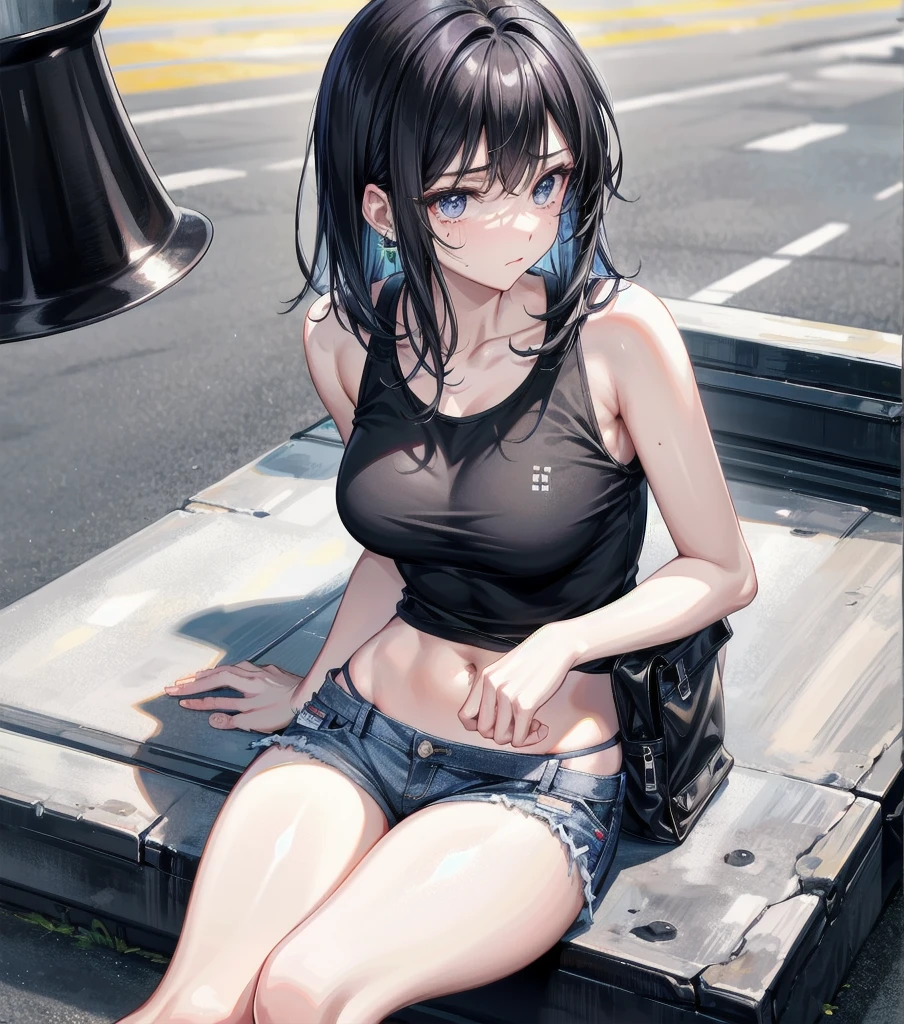 ((kinako (shiratama mochi) style)), nsfw, ((topless)), erect nipples, puffy nipples, masterpiece, fair skinned, solo, 1 girl, nipples, navel, intricately detailed, cloudy day, dolphin shorts, roadside, waiting shed, japanese countryside, cloudy day, navel, necklace, smiling, extremely detailed, bus stop, puddle, sneakers, hydrangea flowers, sitting, raining, bare breasts, bare stomach, sweaty, wet body, small breasts, ponytail, black hair, slim waist, bench, mountainous, cg masterpiece, quiet