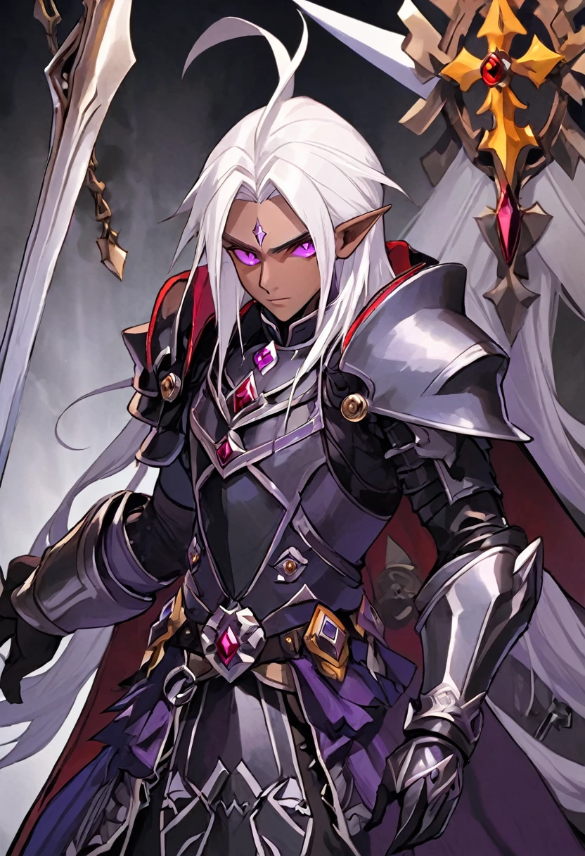 ((best quality)), ((masterpiece)), (detailed), ((boy)),, (dungeonpunk), (steampunk), half-drow, portrait, red eyes, long white hair, Xemnas from Kingdom Hearts, half-drow, brown skin with a purple hue, (full knight armor), paladin, serious faces