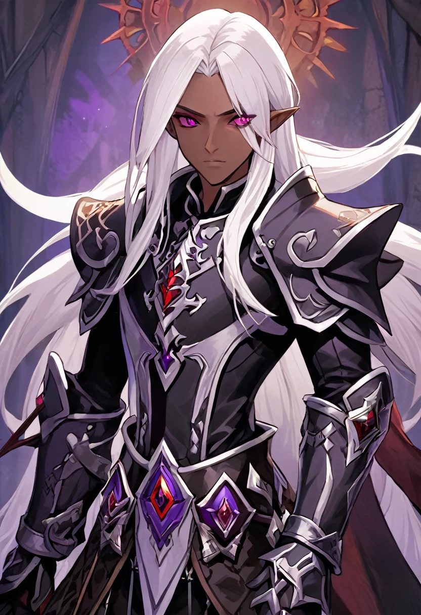 ((best quality)), ((masterpiece)), (detailed), ((boy)),, (dungeonpunk), (steampunk), half-drow, portrait, red eyes, long white hair, Xemnas from Kingdom Hearts, half-drow, brown skin with a purple hue, (full knight armor), paladin, serious faces