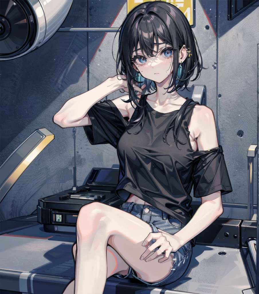 whole body, solo, alone, delicate facial features, medium tits, medium hair, black hair, tearful mole, earring, t-shirt, tank top, Hot Pants,
