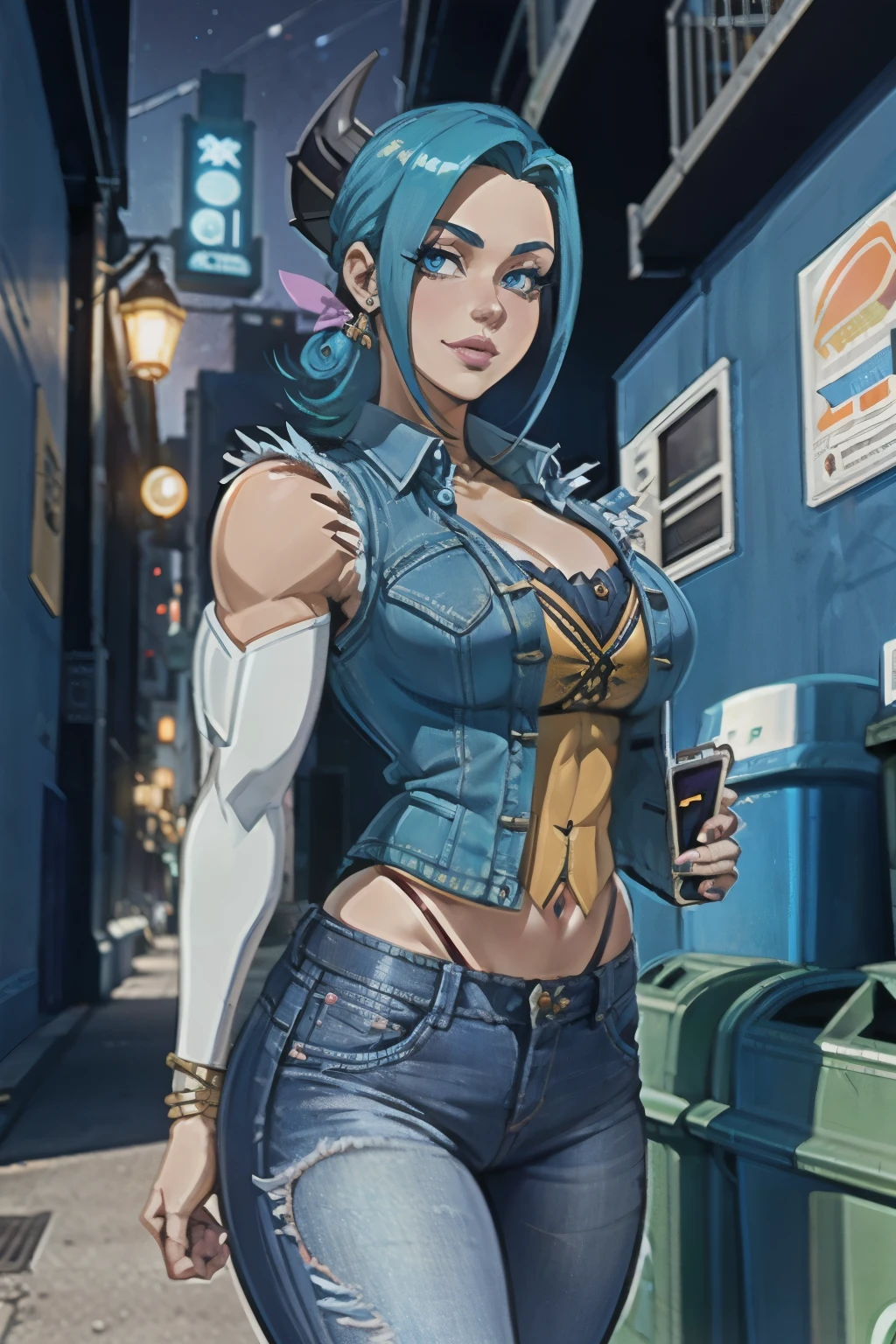 1 girl, (Alone:1.2), (standing:1.3), (interacting:1.3), (cowboy shot:1.5), smile, happy, at ease, (masterpiece:1.3), (Best Quality:1.3), (perfect anatomy:1.4), Very detailed, cammy, earrings, Denim, by rubio, Blue eyes, short hair, (Denim vest:1.2), open leather vest, blue pantyhose, fitted top, blue tight leggings, very big breasts, (evening:1.5), (dark alley inside a big city:1.2), (wire fence:1.2), (garbage lying around:1.2), Concrete, Poor lighting, (dystopian), thiccwithaq, expressive faces, Inspired by anime, (cellular shading:1.2), wide and muscular thighs.