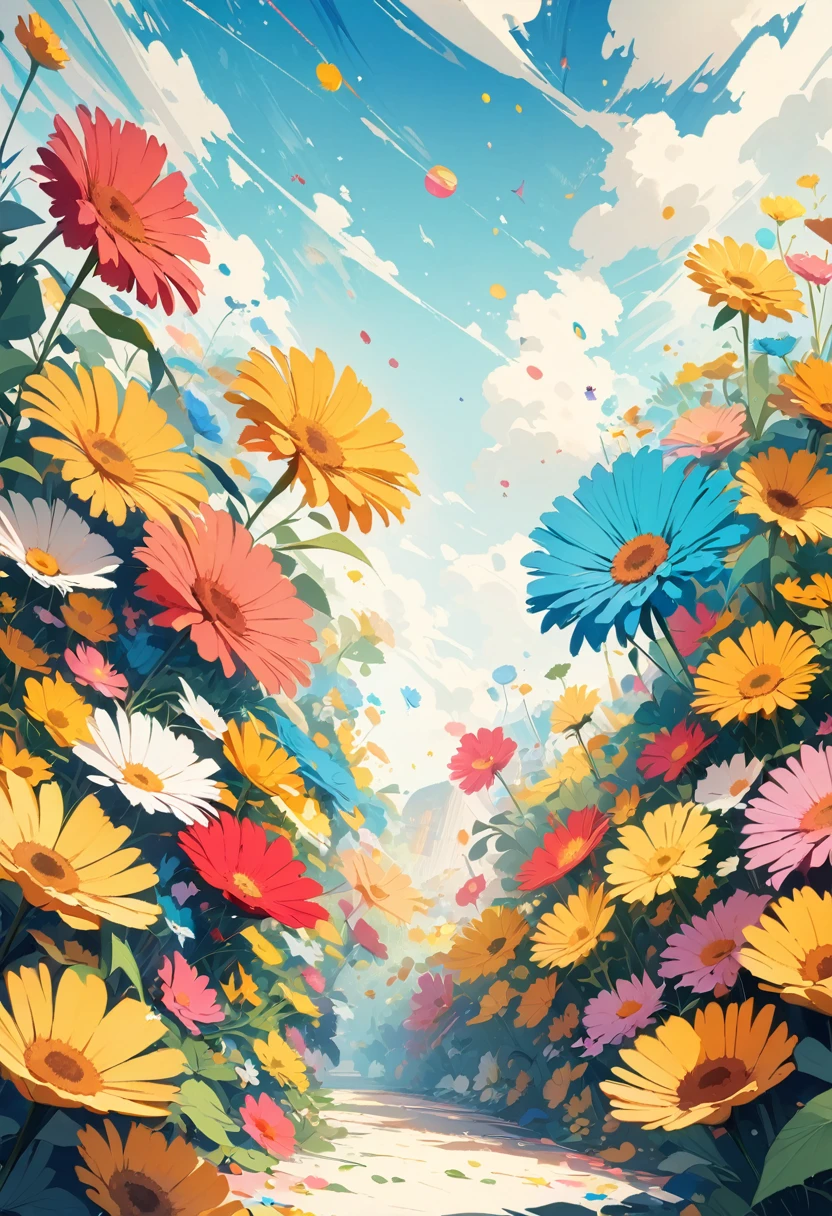 (Best picture quality, 4K, High Definition, Masterpiece level: 1.2), Extra Fine, Watase Seizo style, Simple line initials,Abstract art,Galactic Universe Background, Yellow flowers, Gerbera, Flower garden,Blue sky, Cinematic.