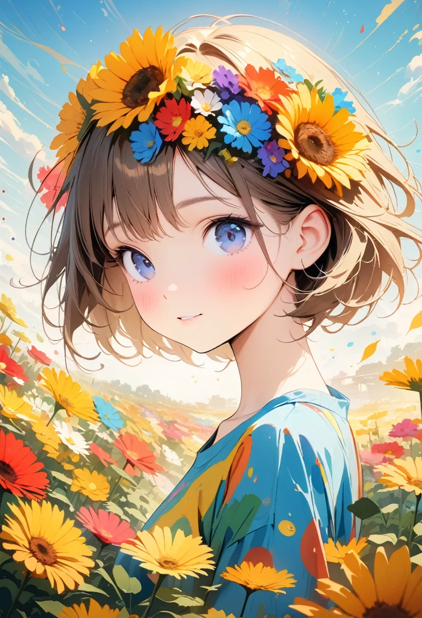 (Best picture quality, 4K, High Definition, Masterpiece level: 1.2), Extra Fine, Watase Seizo style, Simple line initials,Abstract art,Galactic Universe Background, Yellow flowers, Gerbera, Flower garden,Blue sky, Cinematic.