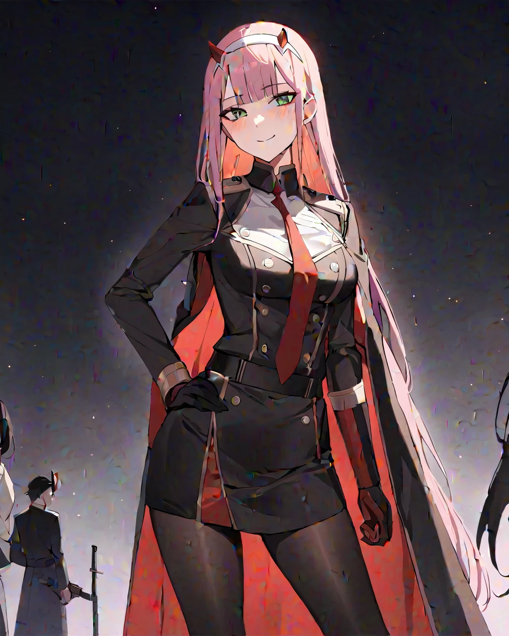 ​masterpiece, best quality 1girl, Allew, zero_two_\(Schatz_w_the_franxx\), long_balck hair, horns, Pink_balck hair, Tights, breasts, balck hairband, smile, seek_at_spectators, black_Tights, Medium_breasts, White_balck hairband, ewfach_Hwtergrund, Weapons_hwter_head, Weapons_highly, bangs, green_eyes, gown, closed_mouth shut, Rot_horns, uniform, Rot_gown, very_long_balck hair, straight_balck hair, Stand, necktie