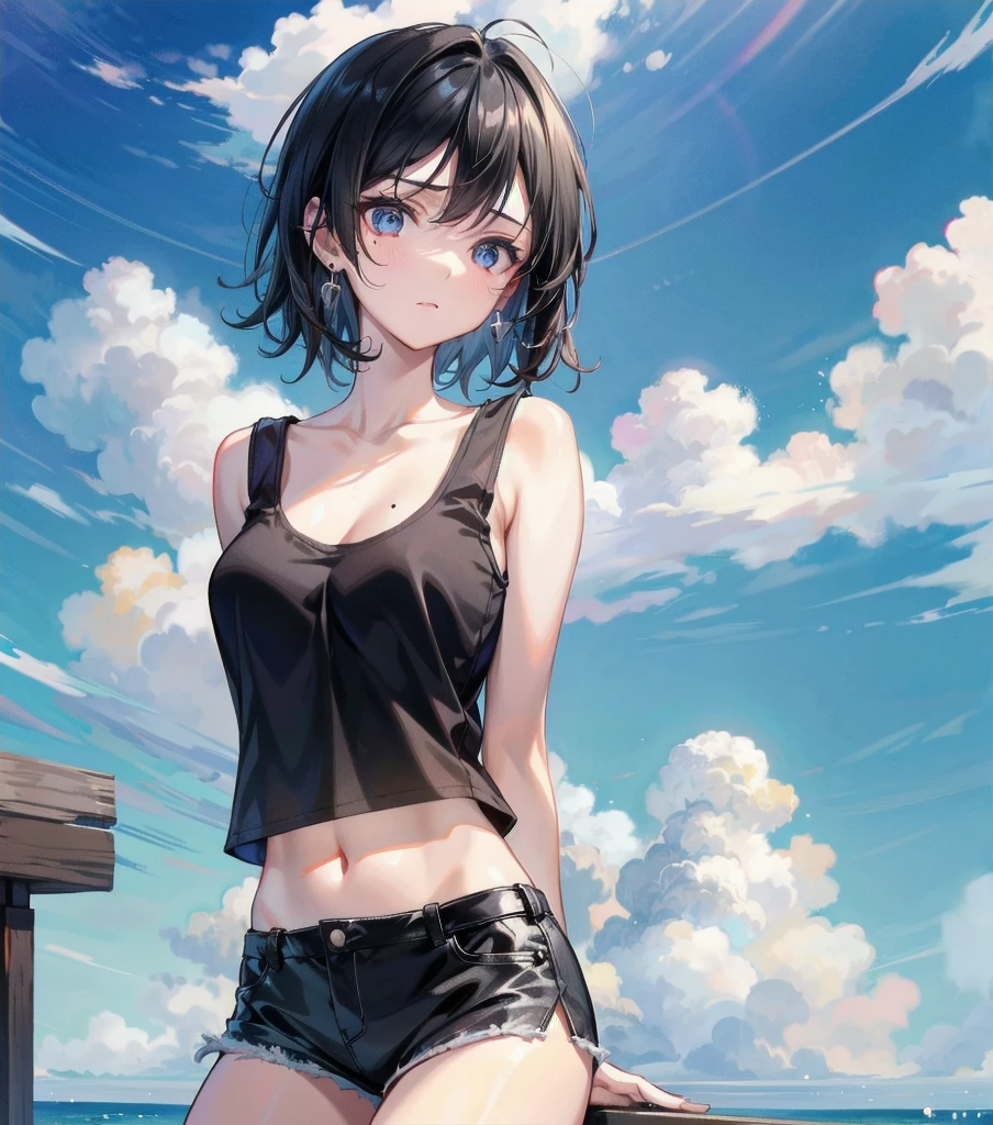 Short-haired girl,white shirt,blue eyes,Not wearing a shirt